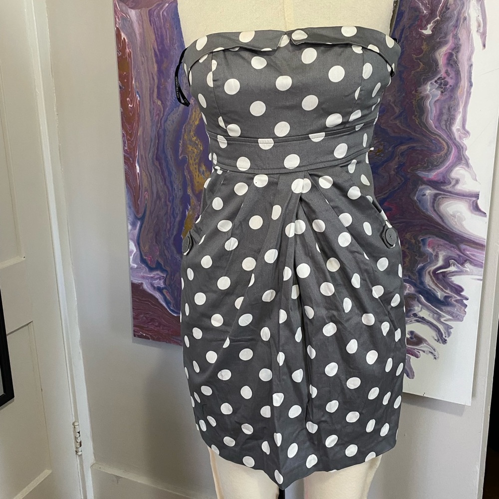 Grey polka dot strapless dress